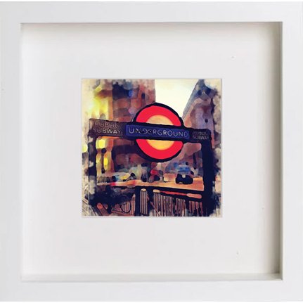 The London Underground Sign Over Stairs 230 in White frame, premium wall art print