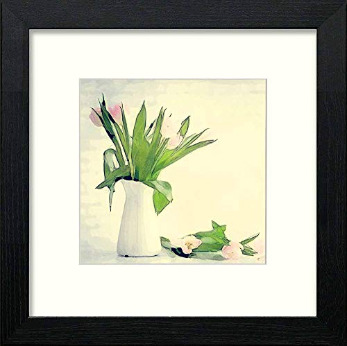 Vintage White Tulips in Black Wood frame, premium wall art print