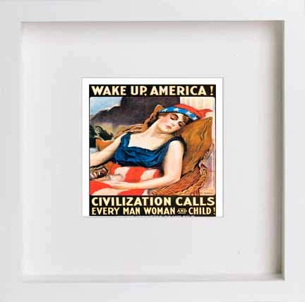 Vintage Poster Wake Up America in White frame, premium wall art print