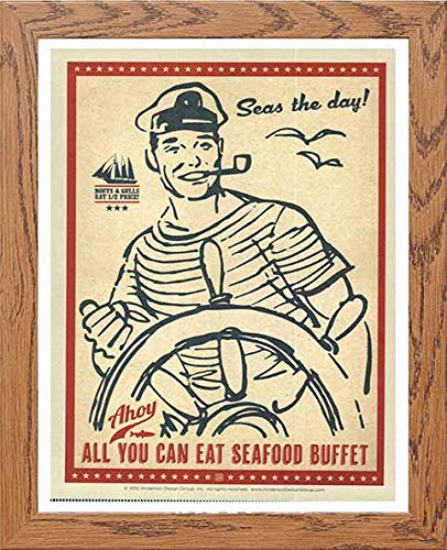 Vintage Sailor Seafood Buffet Poster Travel Poster (35) in Wood frame, premium wall art print