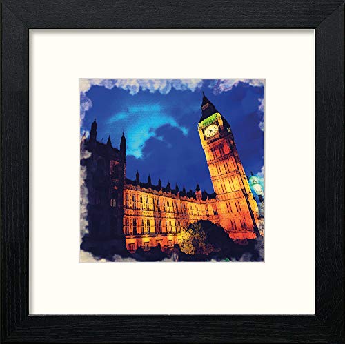 London Houses Of Parliament At Night in Black Wood frame, premium wall art print