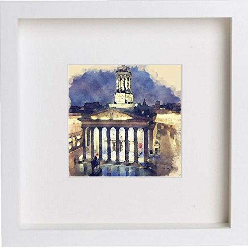 Glasgow Royal Exchange Square At Night Framed Art Artwork 0062 in White frame, premium wall art print