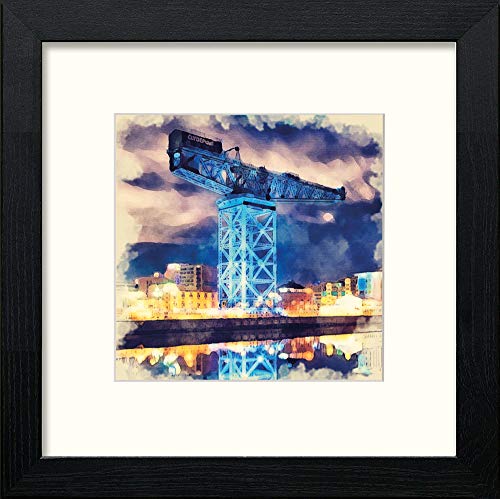 Glasgow Finnieston Crane At Night in Black Wood frame, premium wall art print