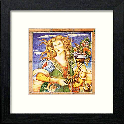 Vintage Woman With Flowers in Black Wood frame, premium wall art print