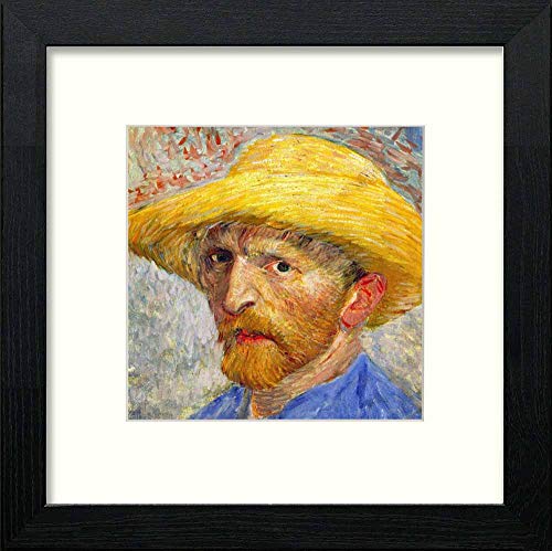 Vintage Van Gogh Self Portrait Straw Hat in Black Wood frame, premium wall art print