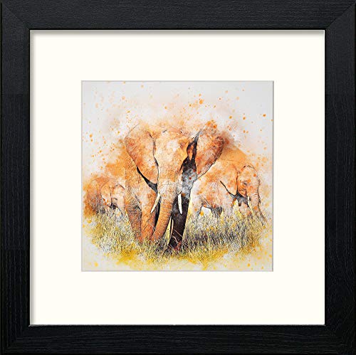 Elephant And Calf in Black Wood frame, premium wall art print