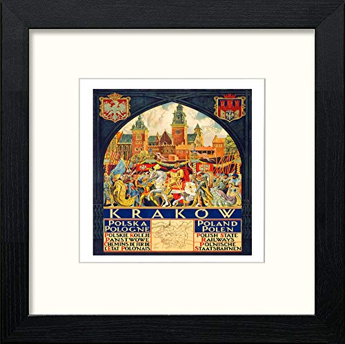 Vintage Poster Krakow Polska Poland in Black Wood frame, premium wall art print