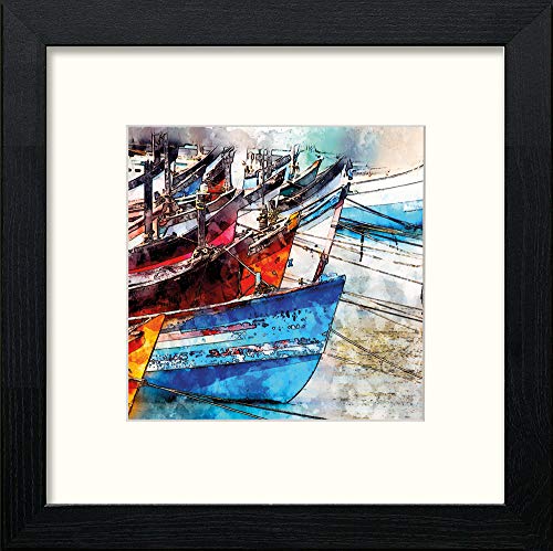 Boats Tied Up in Black Wood frame, premium wall art print