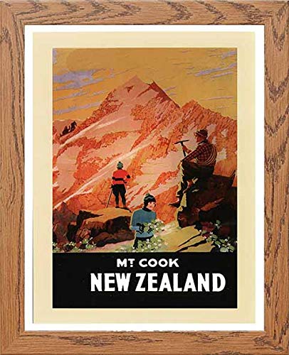 Vintage Poster Postcard Mt Cook Travel in Wood frame, premium wall art print