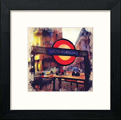 The London Underground Sign Over Stairs in Black Wood frame, premium wall art print
