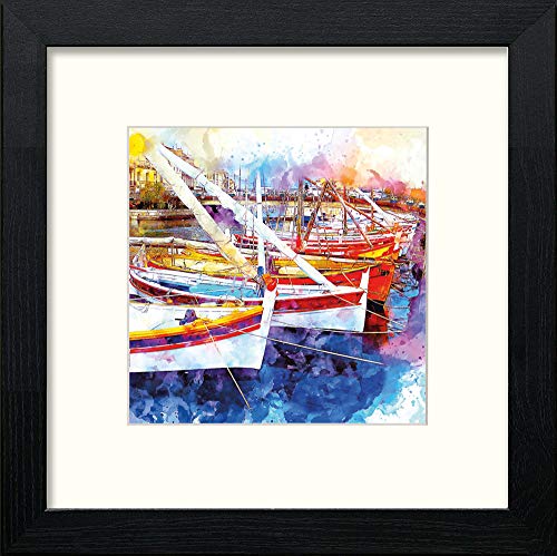 Fishing Boats In Harbour in Black Wood frame, premium wall art print