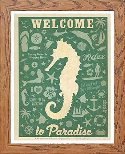 Vintage Seahorse Beach Seaside Poster Travel Poster (31) in Wood frame, premium wall art print