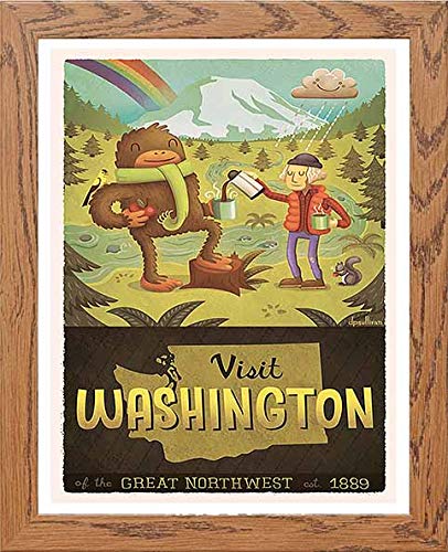 Vintage Poster Washington State Hiking Camping Nature in Wood frame, premium wall art print
