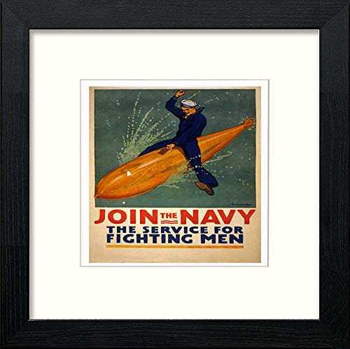 Vintage Poster Join The Navy in Black Wood frame, premium wall art print