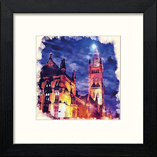 Glasgow University At Night in Black Wood frame, premium wall art print
