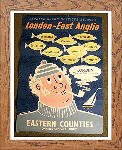 Vintage Poster Express Coach Services London East Anglia in Wood frame, premium wall art print