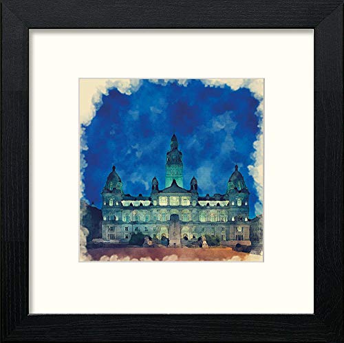 Glasgow City Chambers At Night in Black Wood frame, premium wall art print