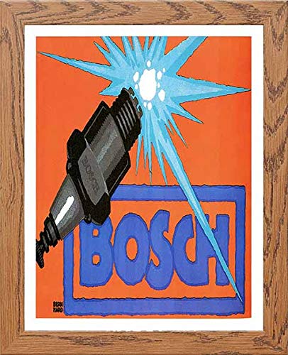Vintage Poster Bosch Spark Plugs in Wood frame, premium wall art print