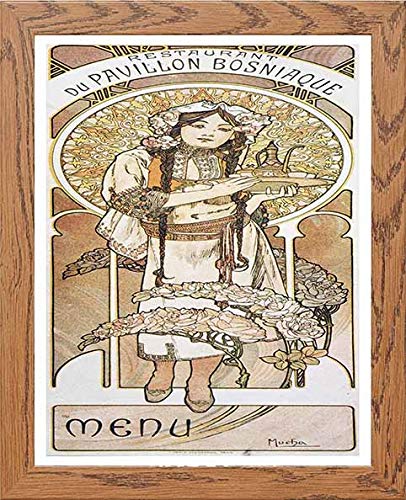 Vintage Poster Alphonse Mucha Menu Restaurant Du Pavillion Bosniaque 1900 in Wood frame, premium wall art print