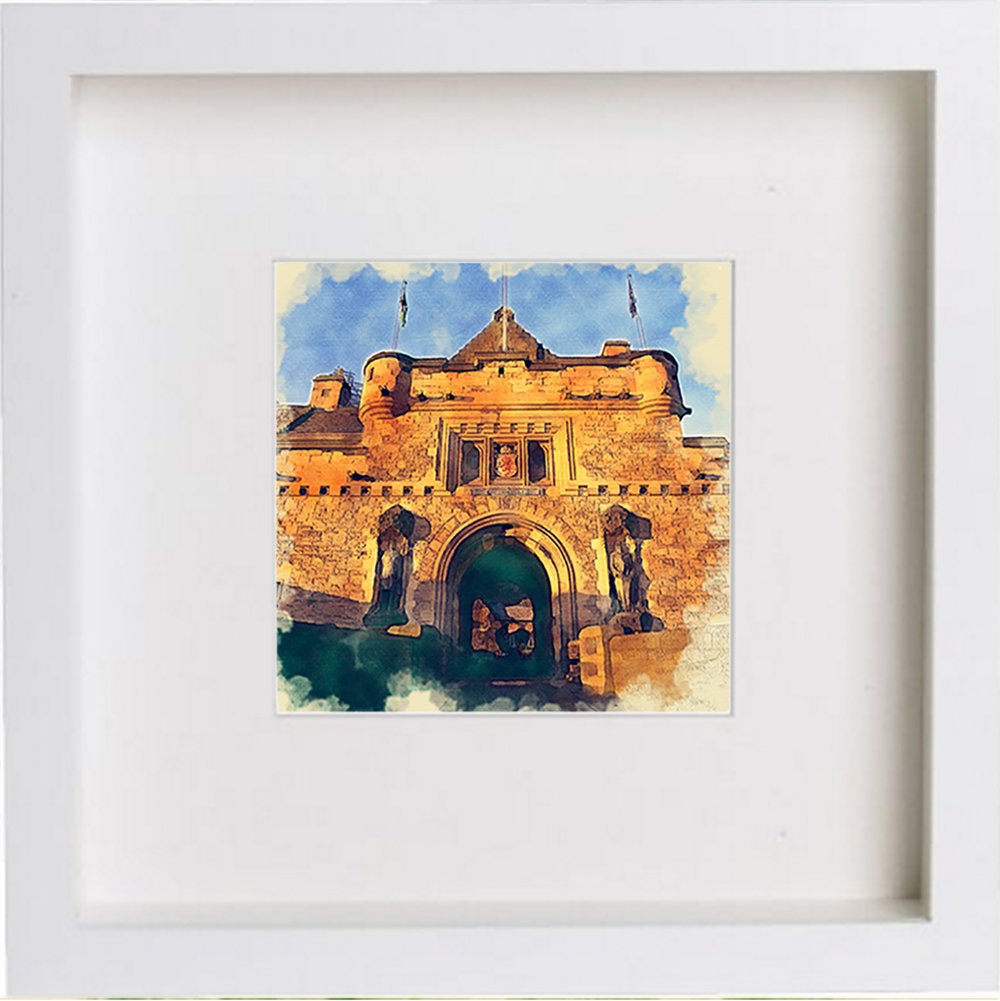 Edinburgh Castle Gatehouse 0033 in White frame, premium wall art print