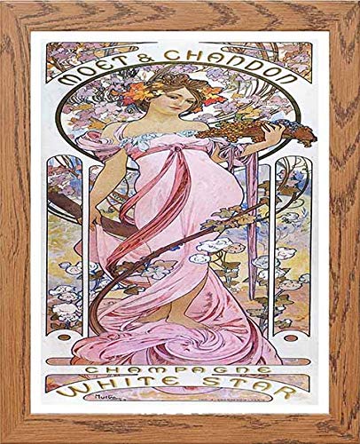Vintage Poster Alphonse Mucha Moet Chandon Champagne White Star 1899 in Wood frame, premium wall art print