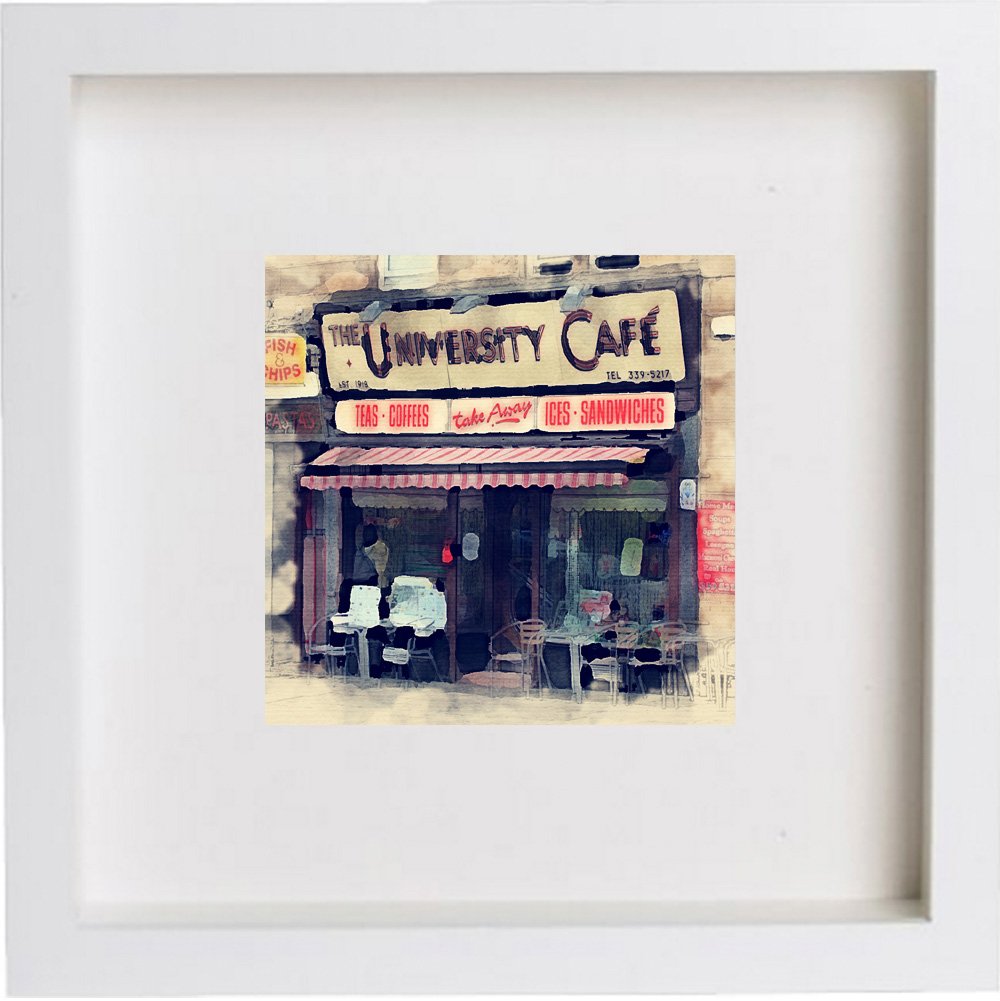 The University Cafe Glasgow, Scotland 193 in White frame, premium wall art print
