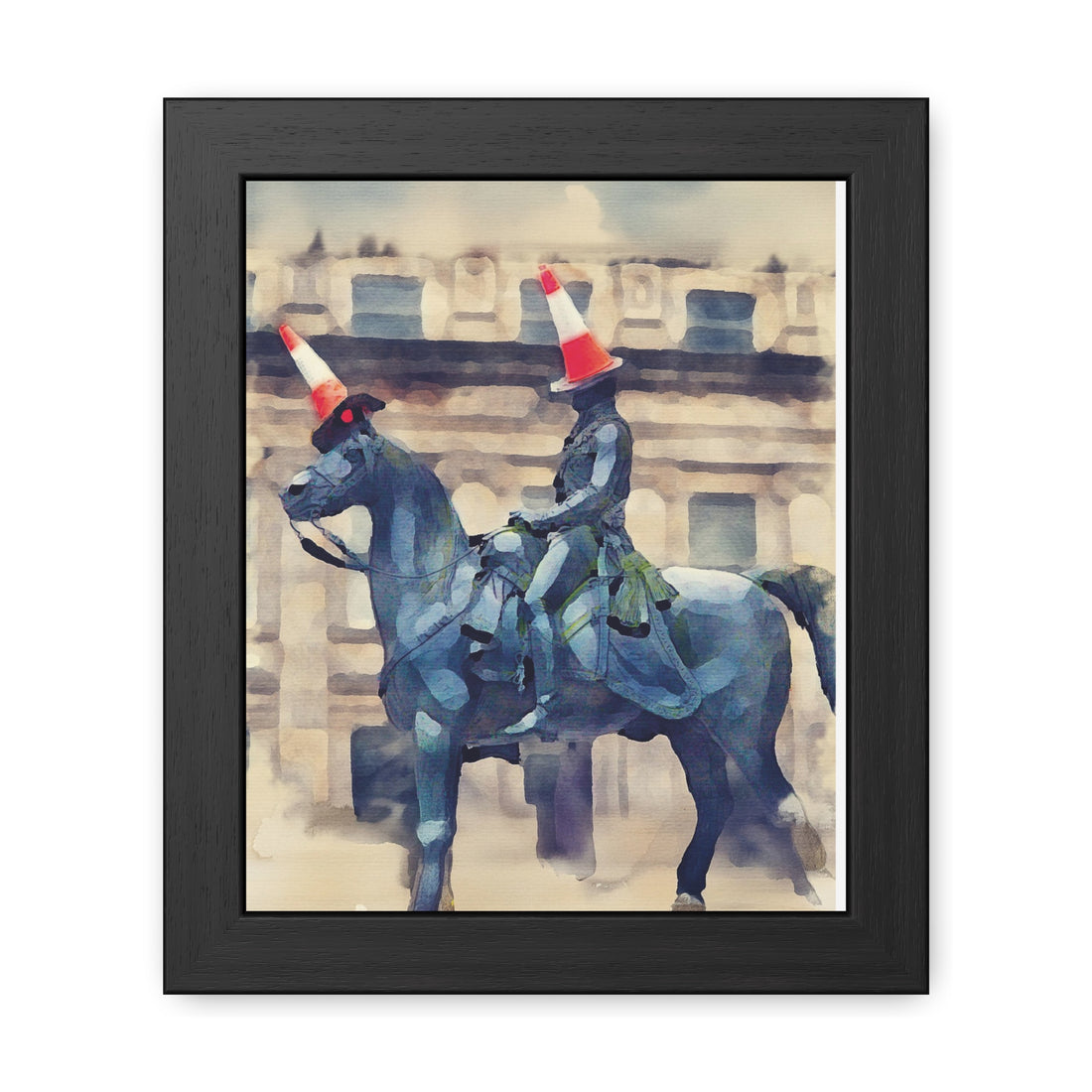 Framed Poster – Horse Rider Statue with Traffic Cone Hats, Quirky Urban Art Print
