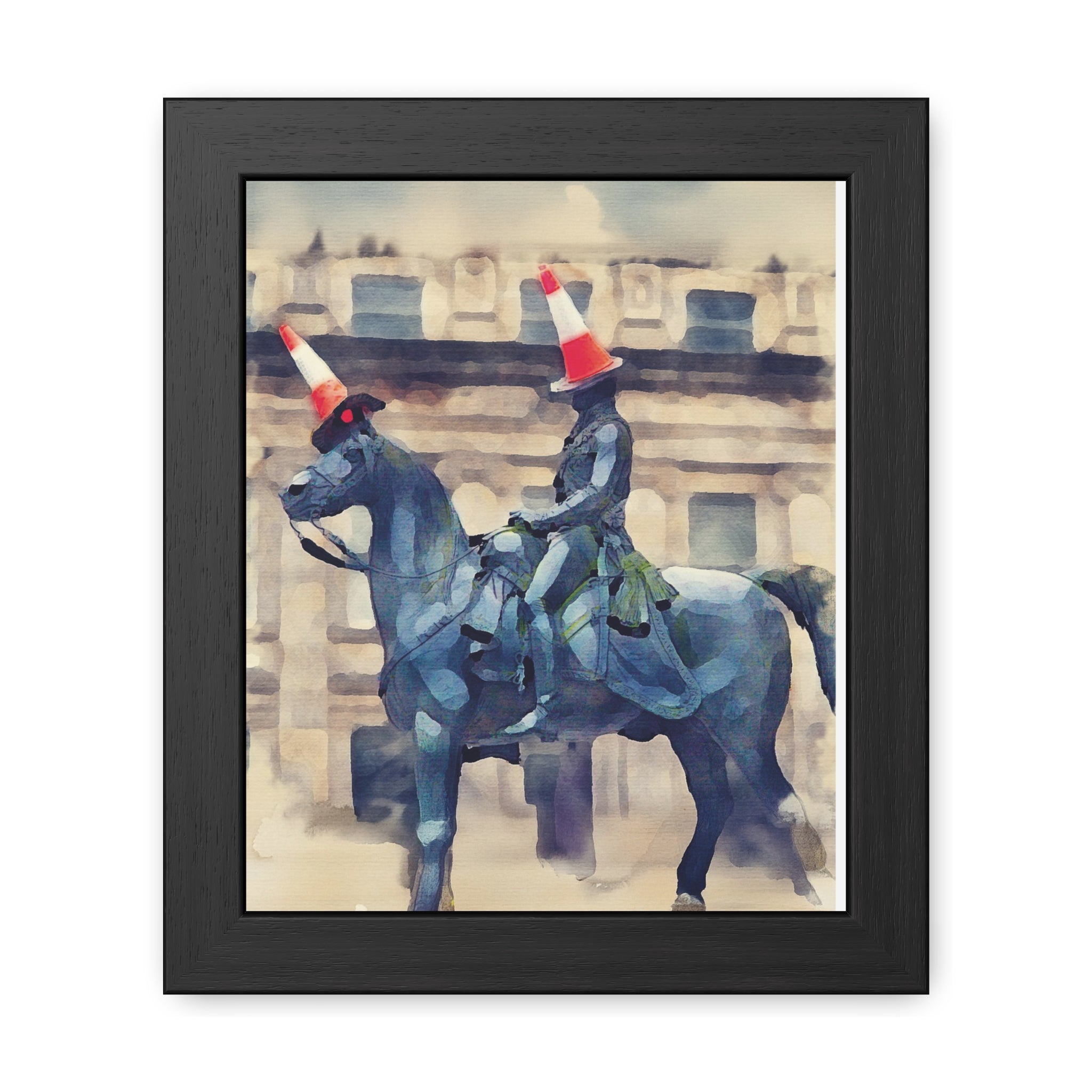 Framed Poster – Horse Rider Statue with Traffic Cone Hats, Quirky Urban Art Print