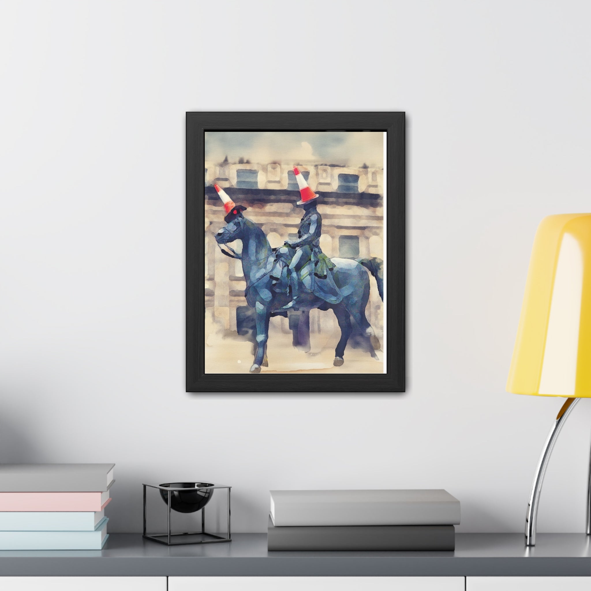 Framed Poster – Horse Rider Statue with Traffic Cone Hats, Quirky Urban Art Print