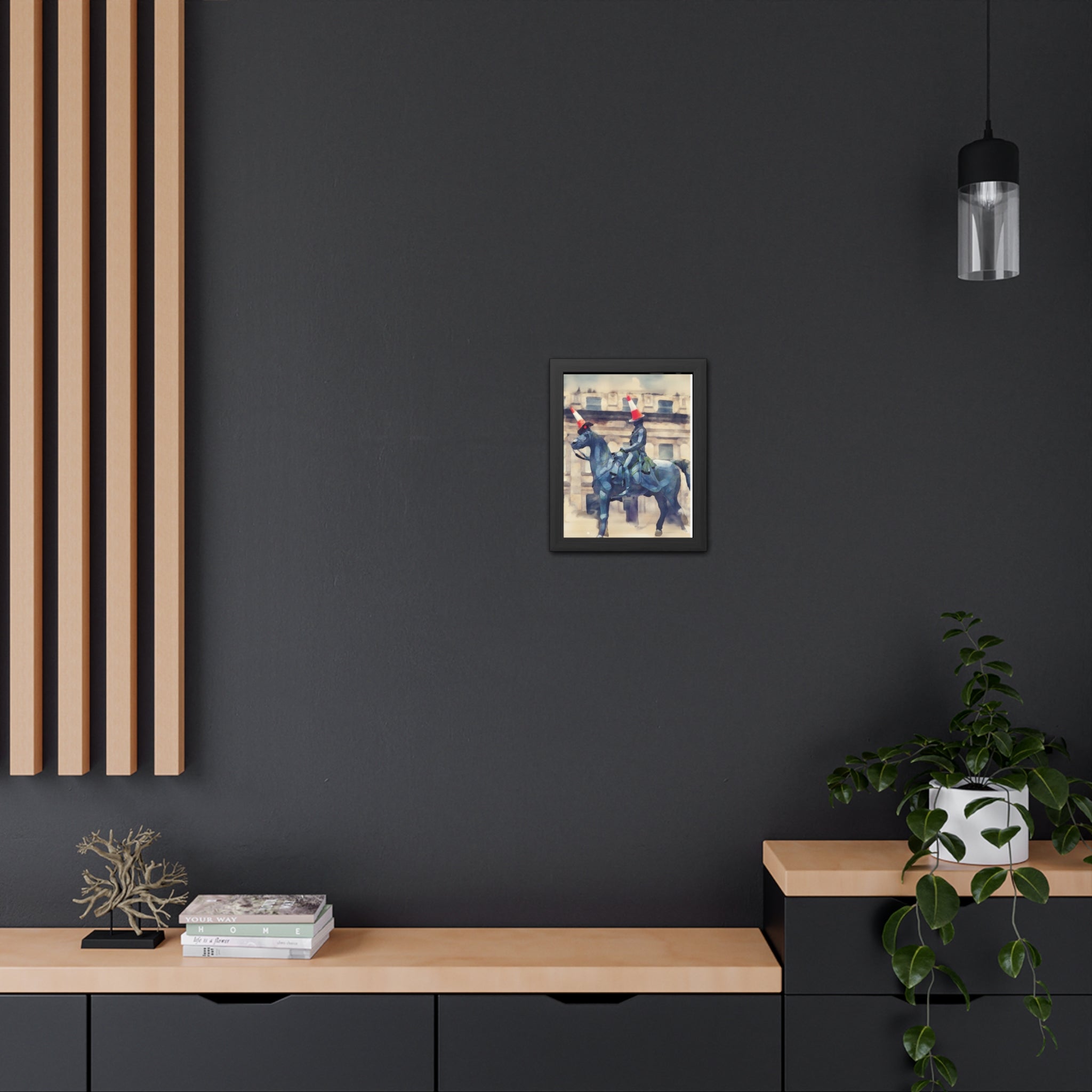 Framed Poster – Horse Rider Statue with Traffic Cone Hats, Quirky Urban Art Print