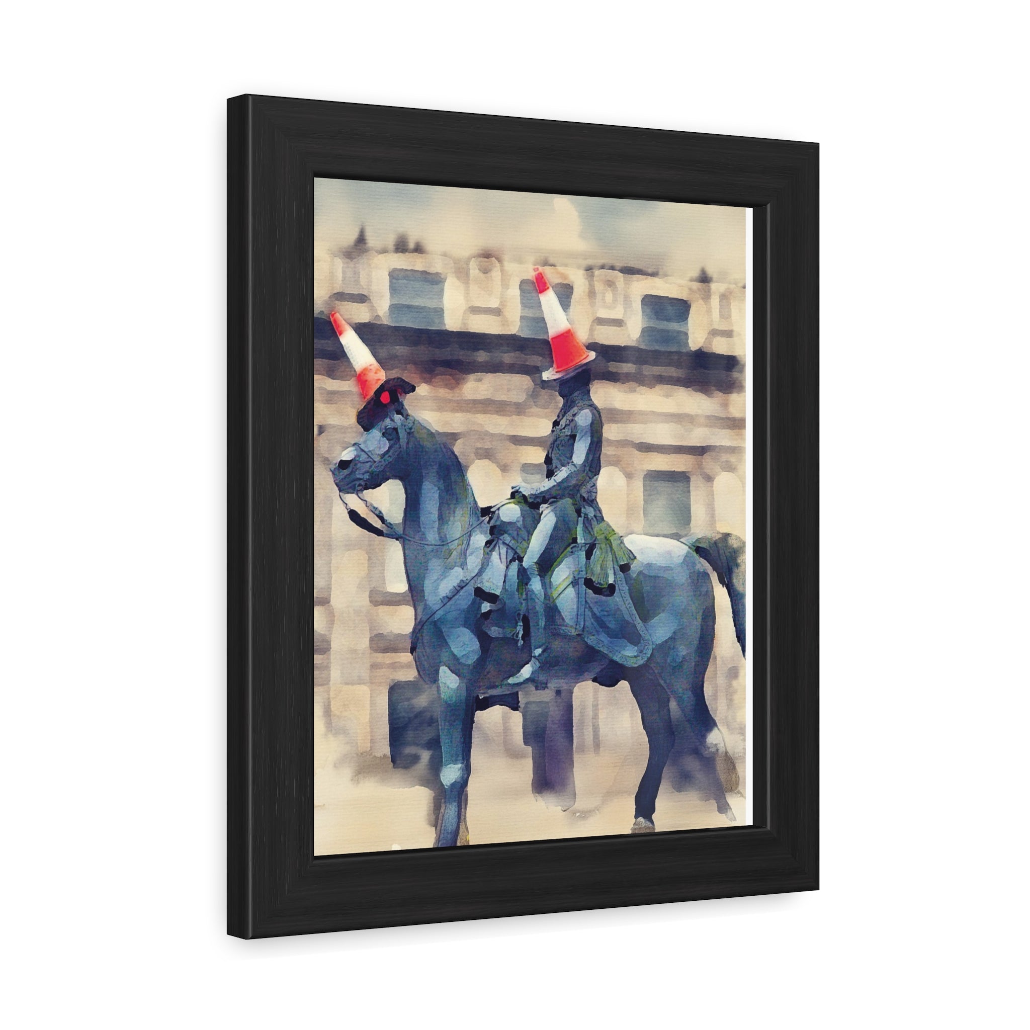 Framed Poster – Horse Rider Statue with Traffic Cone Hats, Quirky Urban Art Print