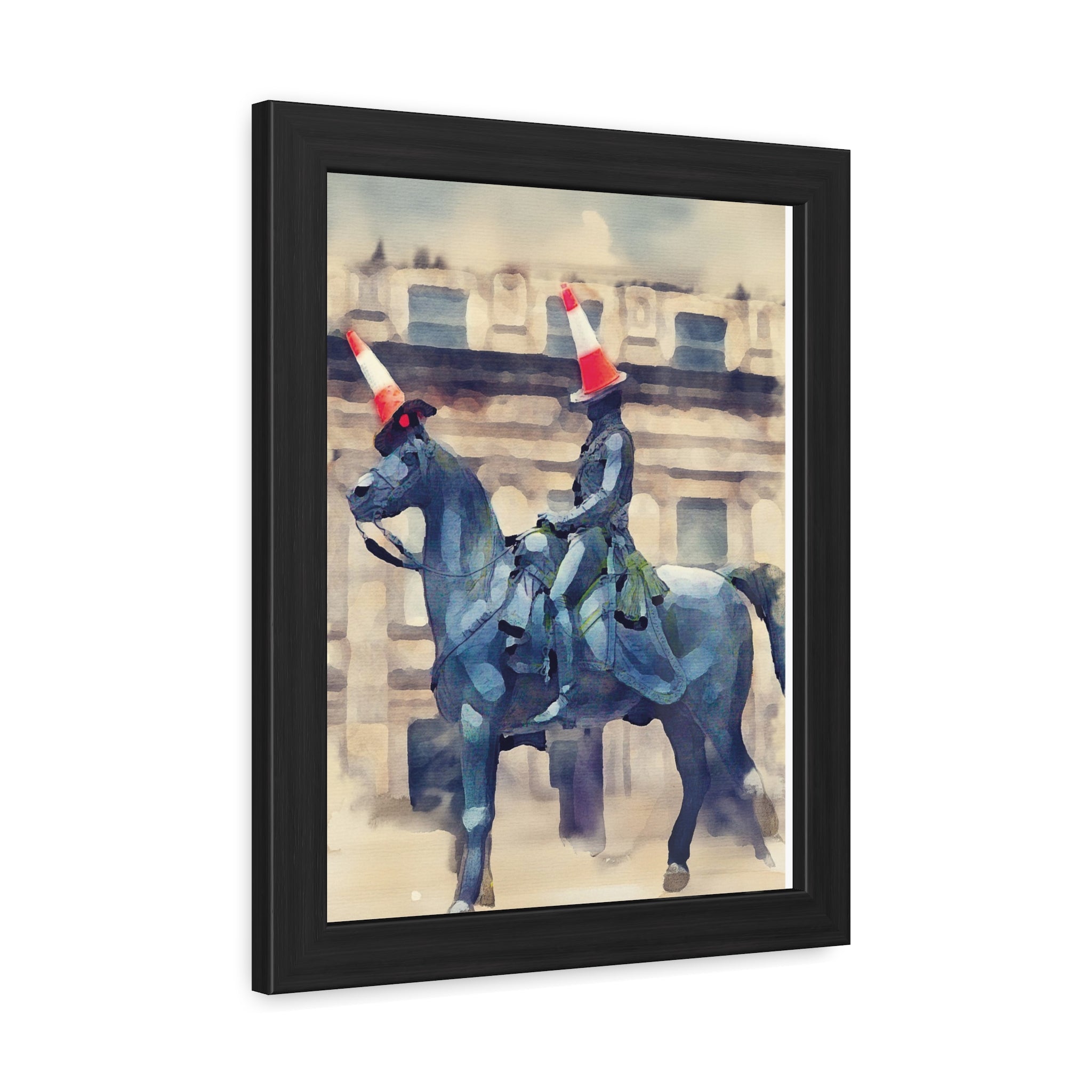Framed Poster – Horse Rider Statue with Traffic Cone Hats, Quirky Urban Art Print