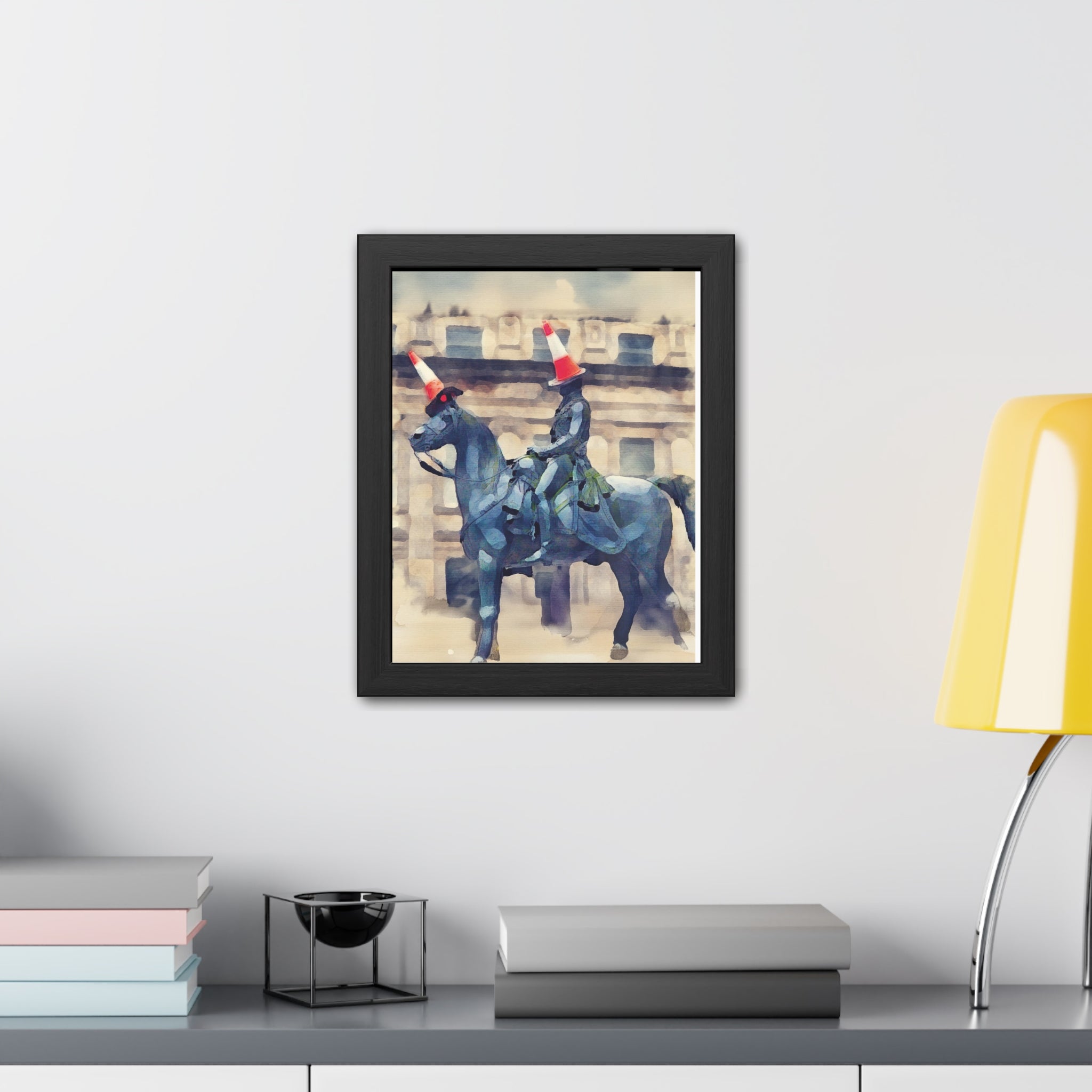 Framed Poster – Horse Rider Statue with Traffic Cone Hats, Quirky Urban Art Print