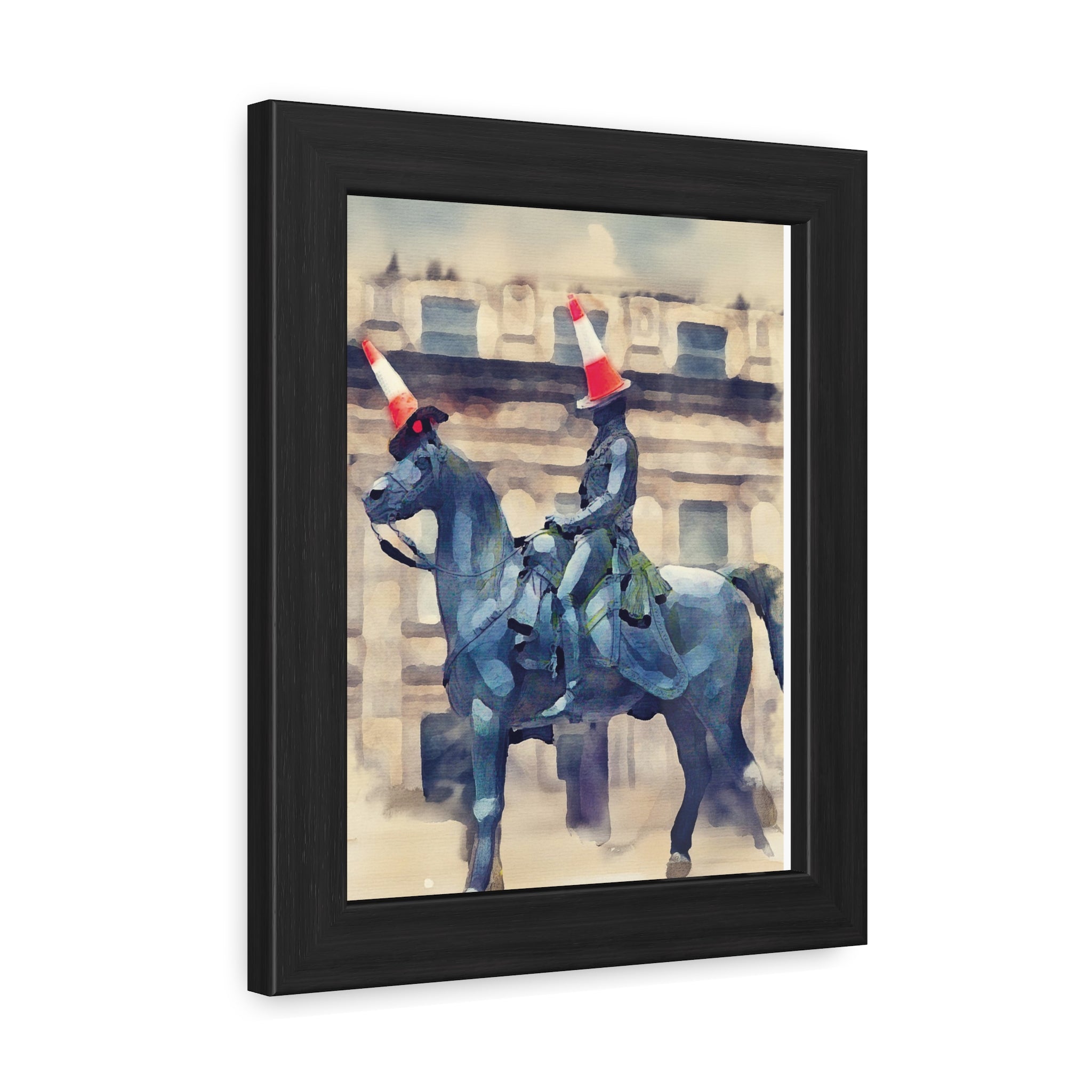 Framed Poster – Horse Rider Statue with Traffic Cone Hats, Quirky Urban Art Print