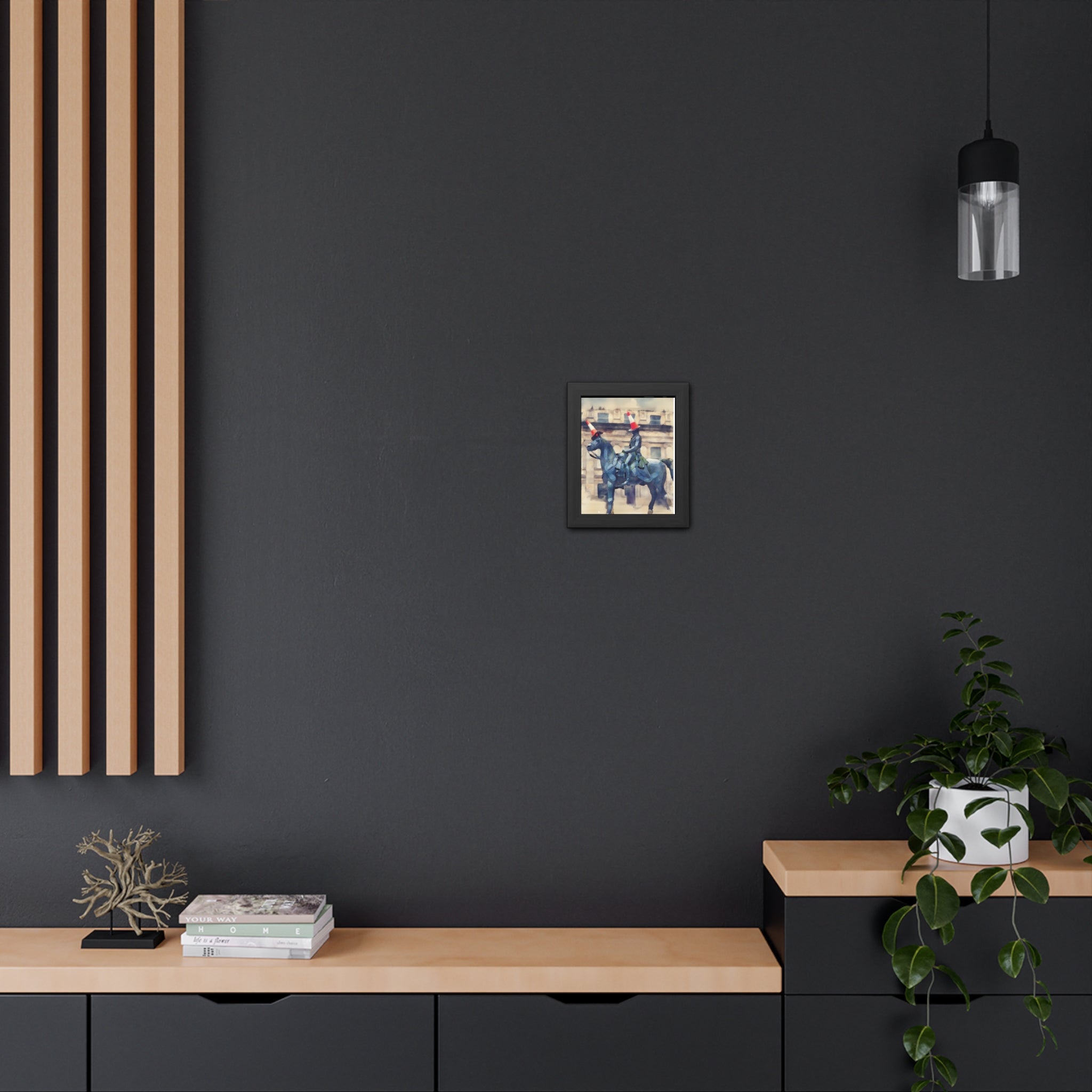 Framed Poster – Horse Rider Statue with Traffic Cone Hats, Quirky Urban Art Print