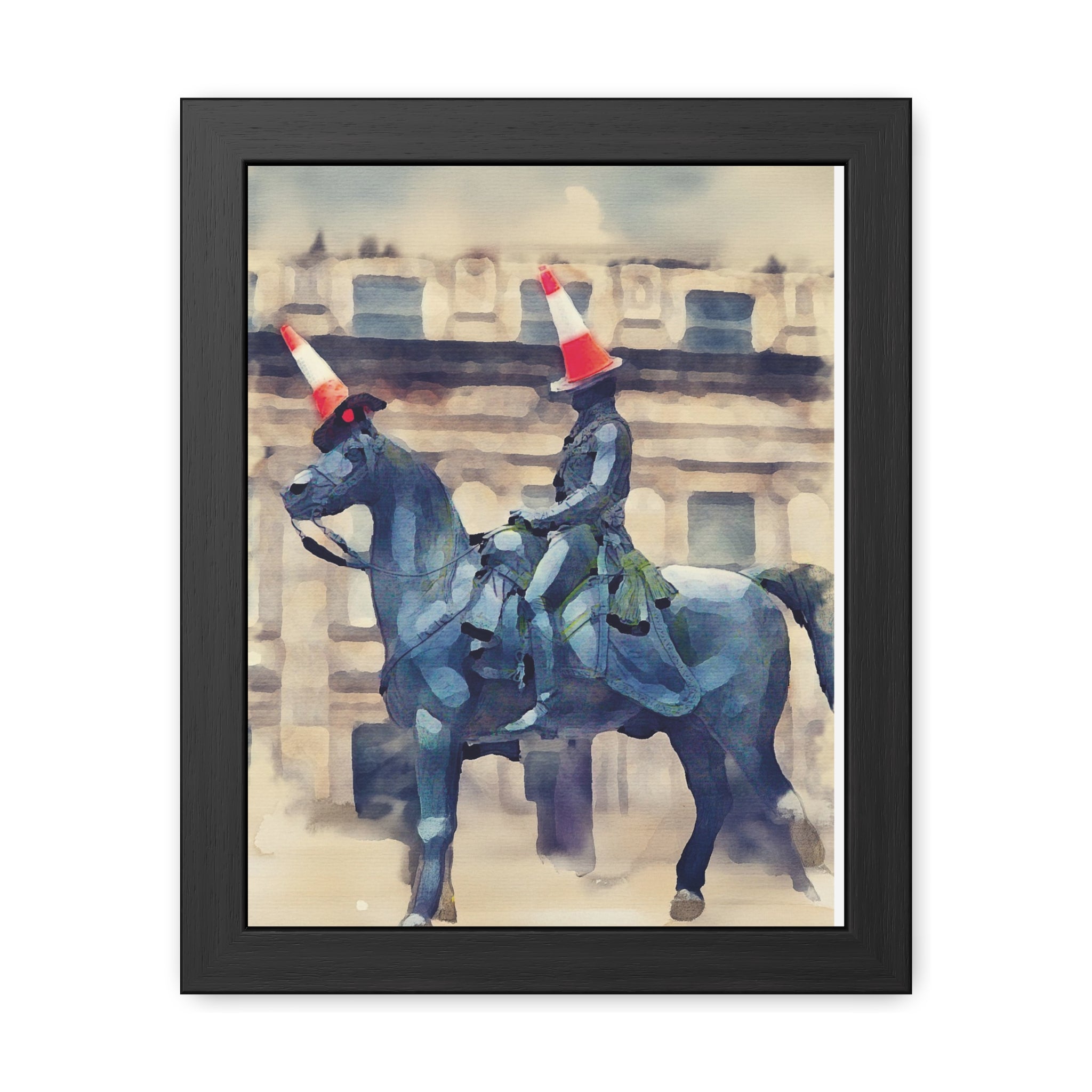 Framed Poster – Horse Rider Statue with Traffic Cone Hats, Quirky Urban Art Print