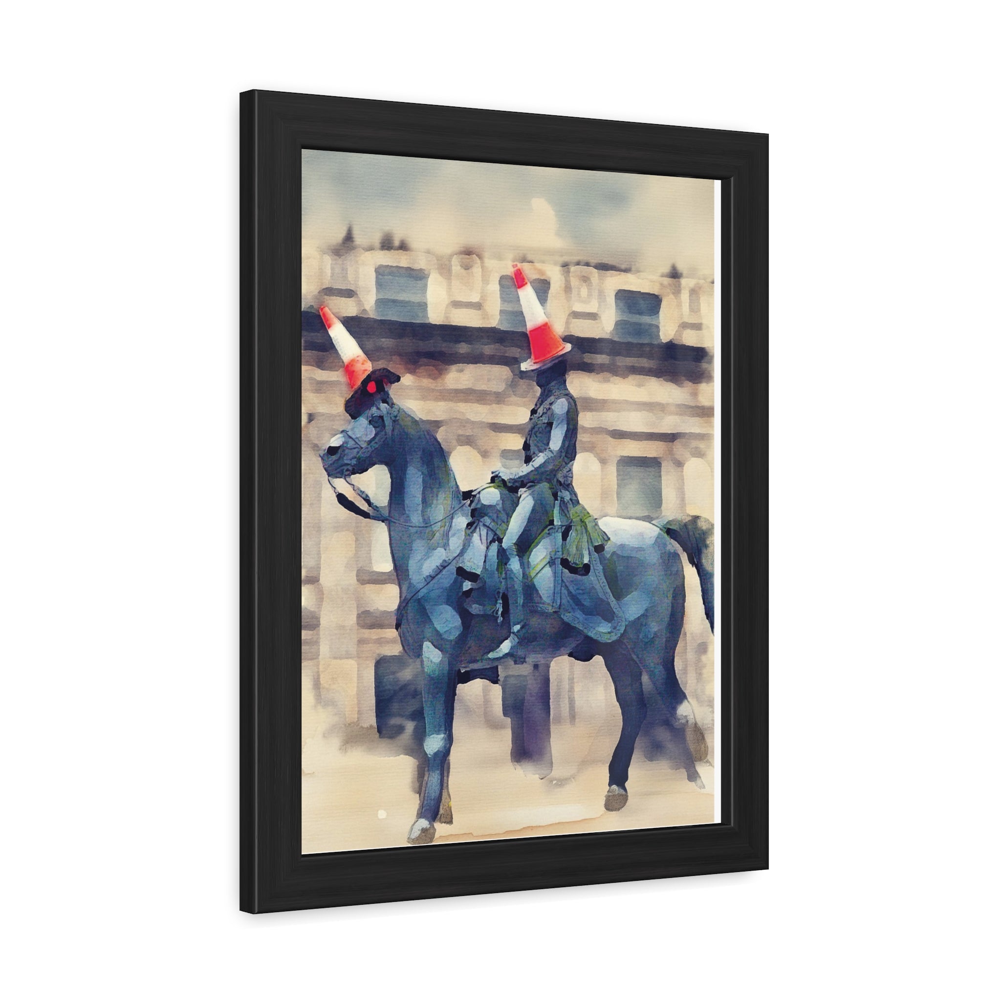 Framed Poster – Horse Rider Statue with Traffic Cone Hats, Quirky Urban Art Print