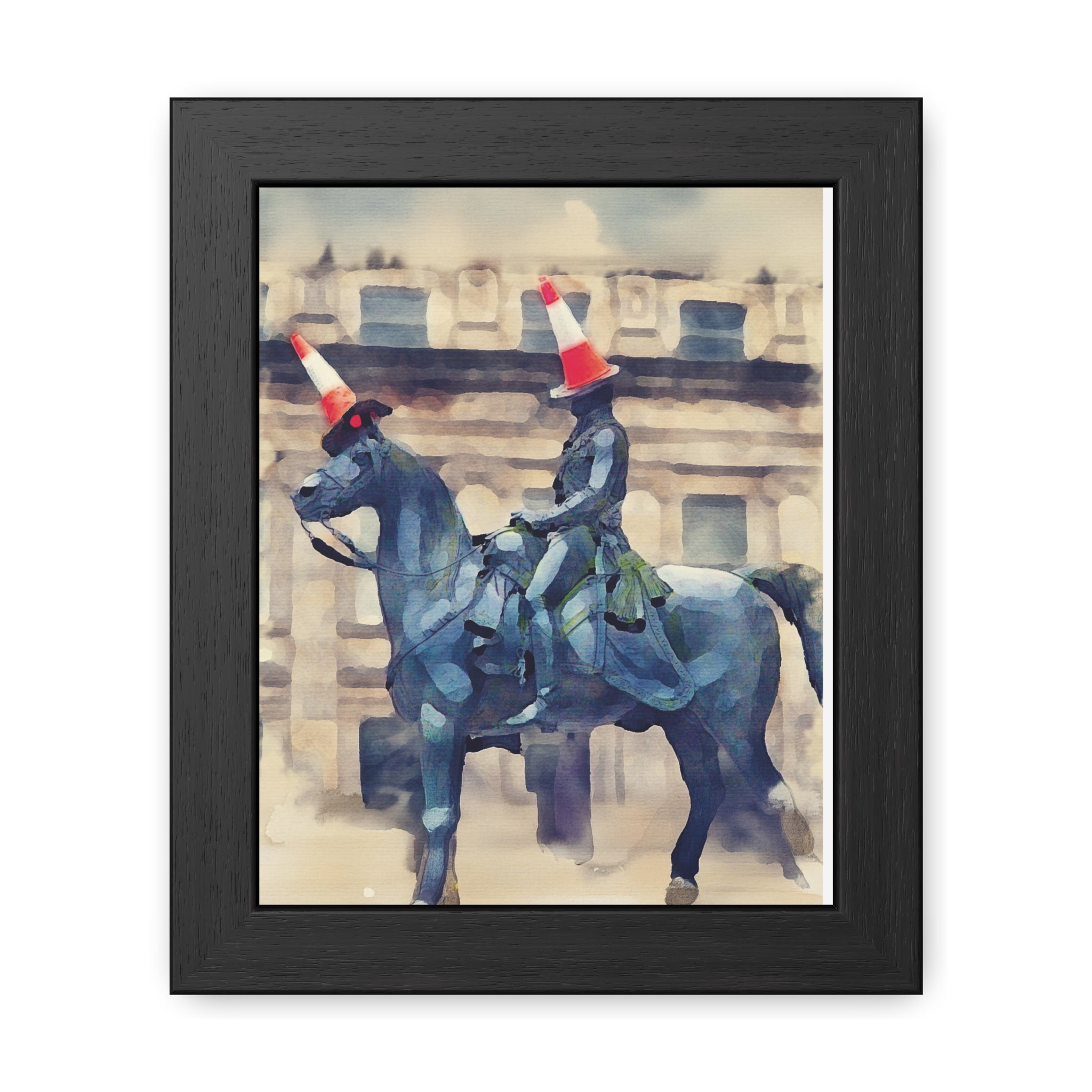 Framed Poster – Horse Rider Statue with Traffic Cone Hats, Quirky Urban Art Print
