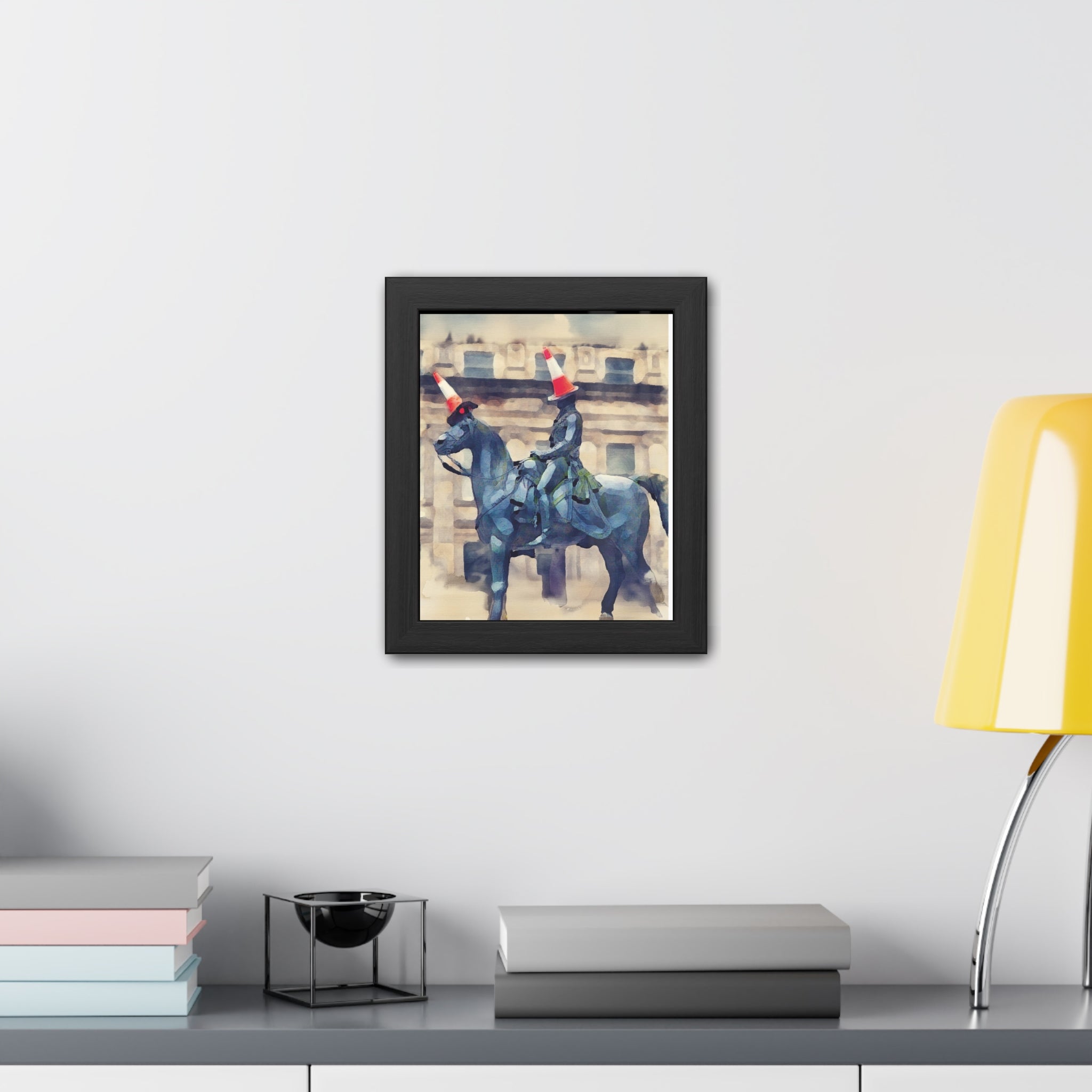 Framed Poster – Horse Rider Statue with Traffic Cone Hats, Quirky Urban Art Print