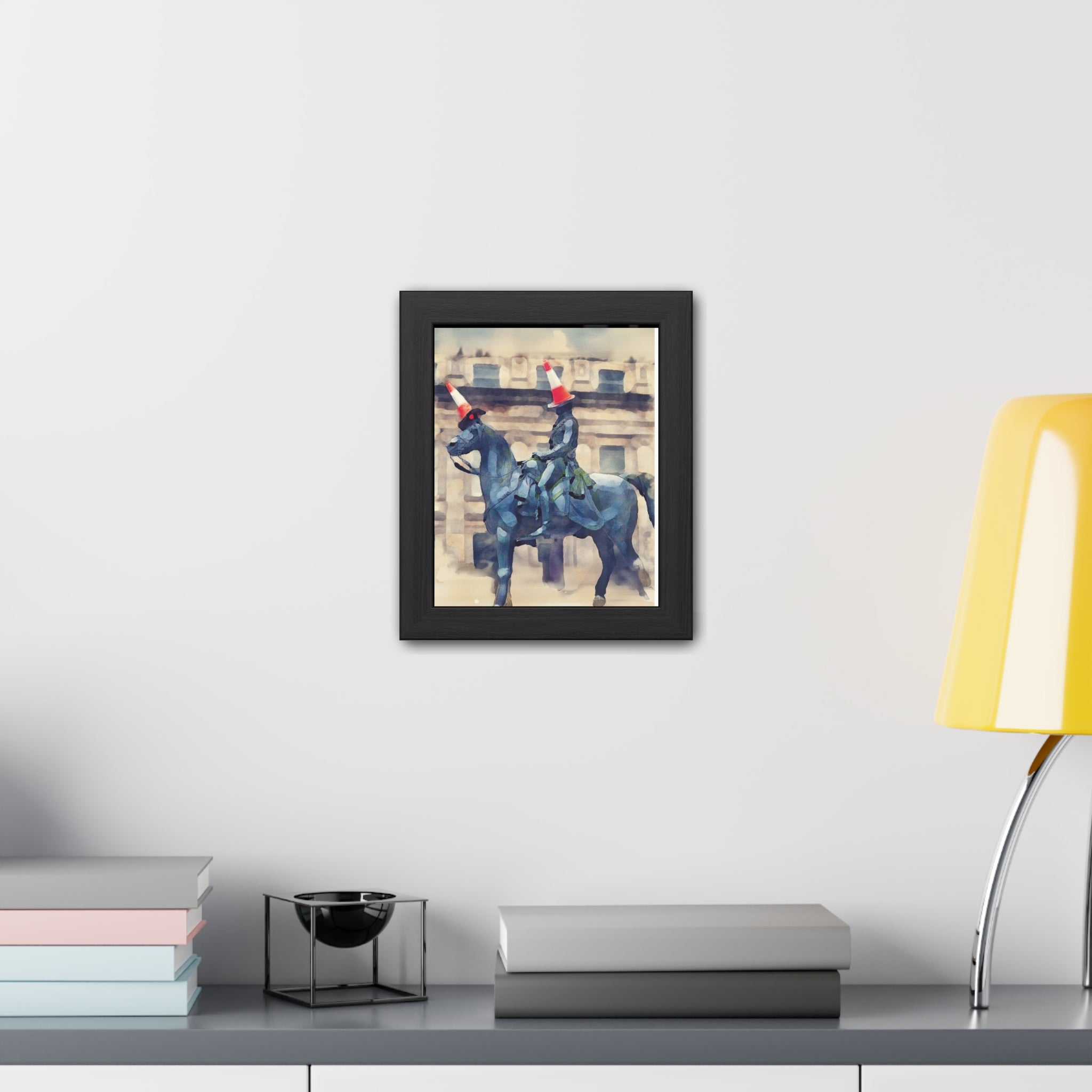 Framed Poster – Horse Rider Statue with Traffic Cone Hats, Quirky Urban Art Print