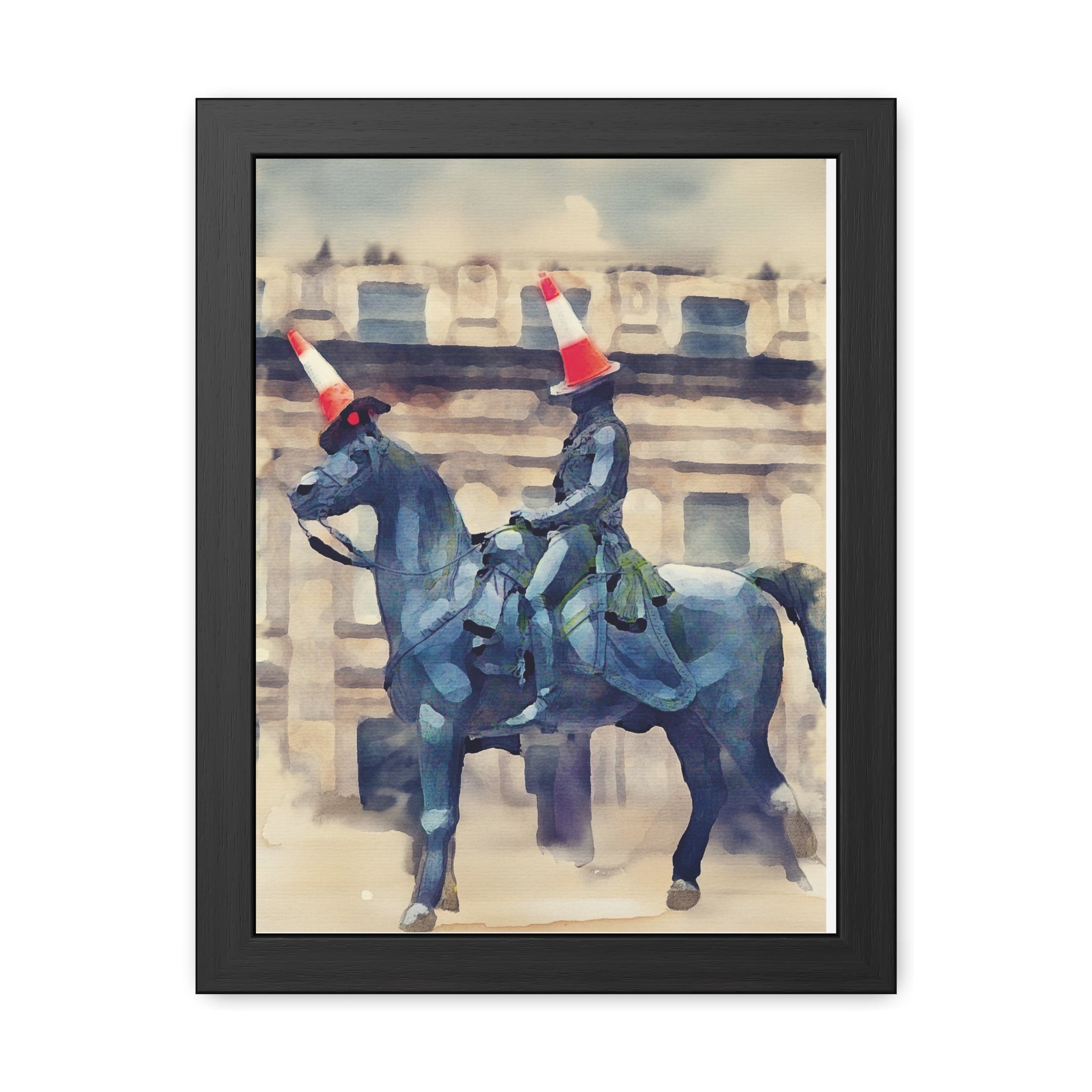 Framed Poster – Horse Rider Statue with Traffic Cone Hats, Quirky Urban Art Print